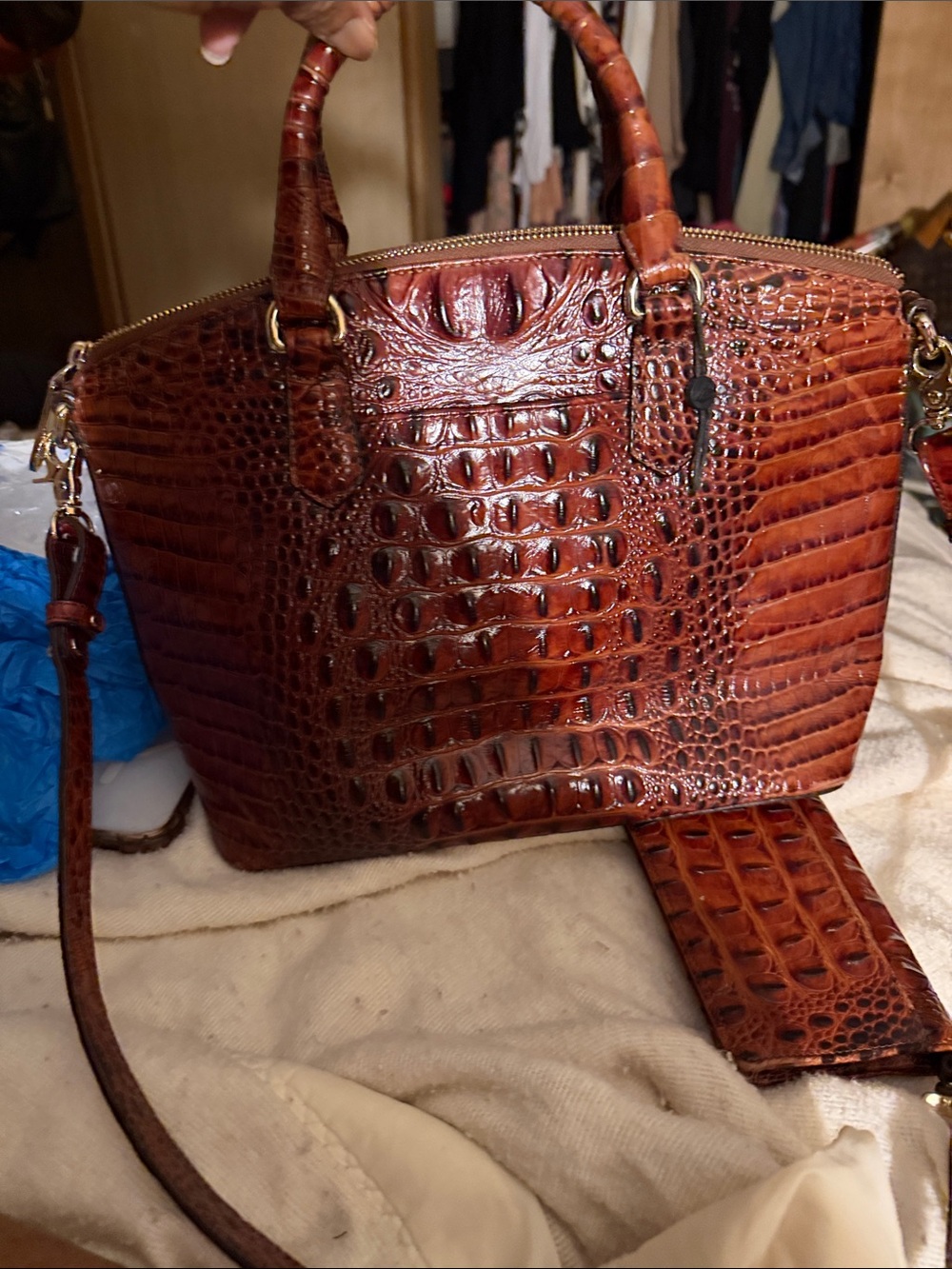 Women's Brahmin pecan Croc-Embossed Satchel Handbag in Cognac Brown with wallet